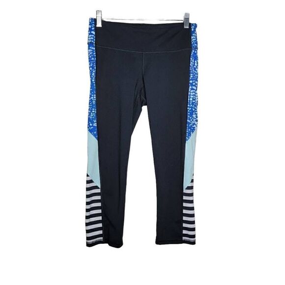 Champion DuoDry Mixed Pattern Stretch Crop Leggings Black Blue Medium - Picture 1 of 11